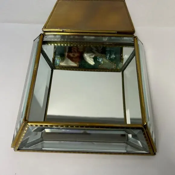 Beveled Glass Jewelry Trinket Box Victorian Style Angel Flowers Monogram K
